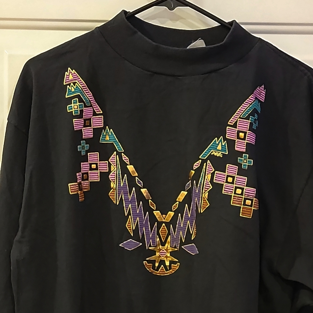 VINTAGE WOMAN'S SOUTH WESTERN DESIGN LONG SLEEVE BLACK TEE ORIGINAL SPORT TAG Lg